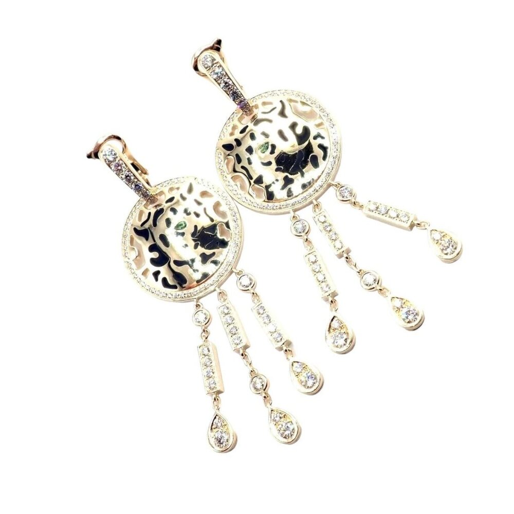 Authentic! Cartier Panther 18k Yellow Gold Diamond Lacquer Tsavorite Earrings